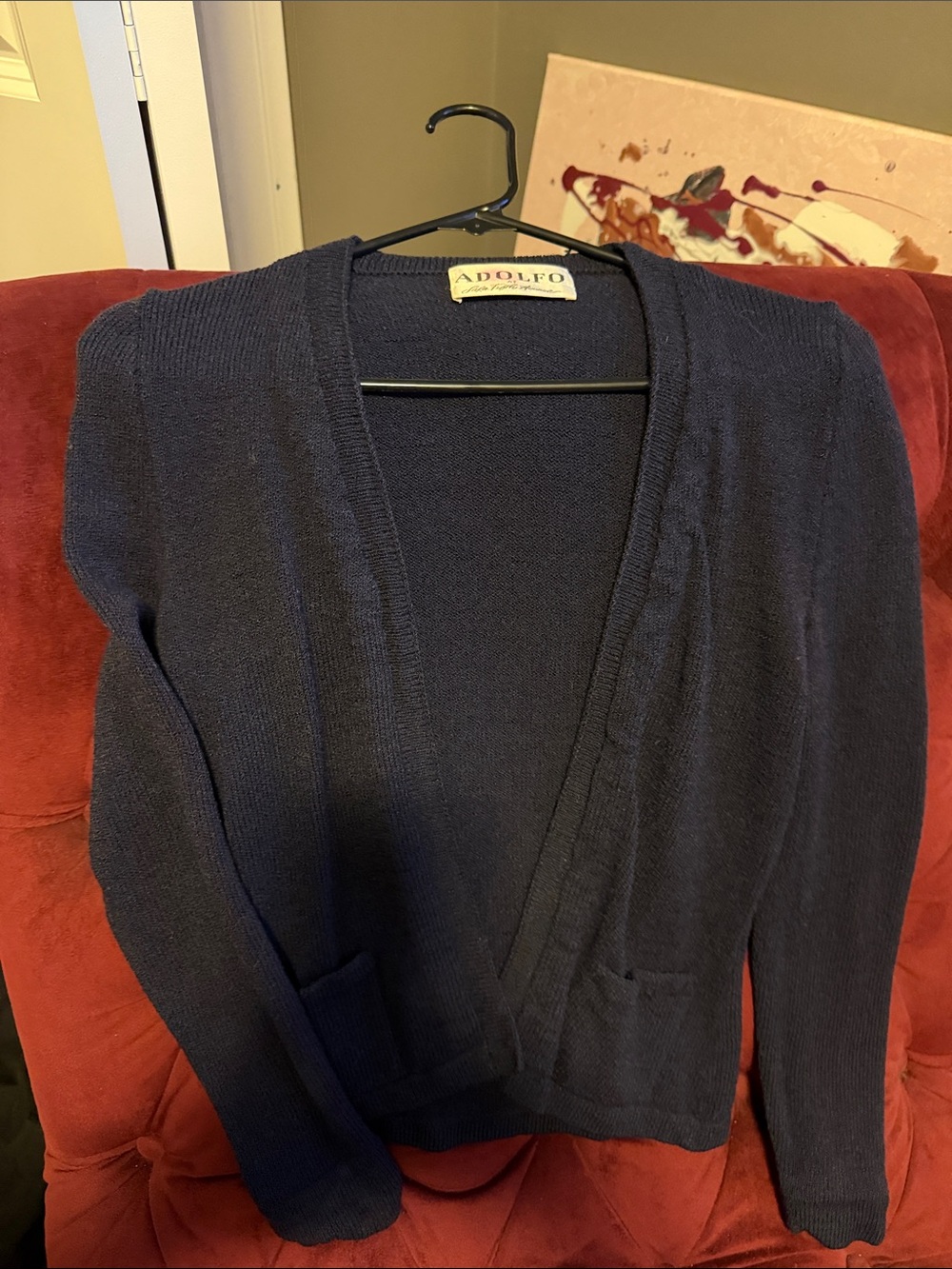 Adolfo Navy Open-Front Cardigan with Pockets